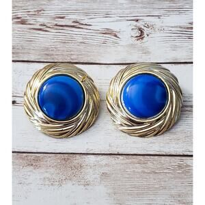Vintage Clip On Earrings Bright Blue with Gold Tone Large Chunky Halo Statement